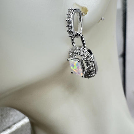 Fire Opal Diamond Deco Earrings - Vintage Sterling Silver Drop Style