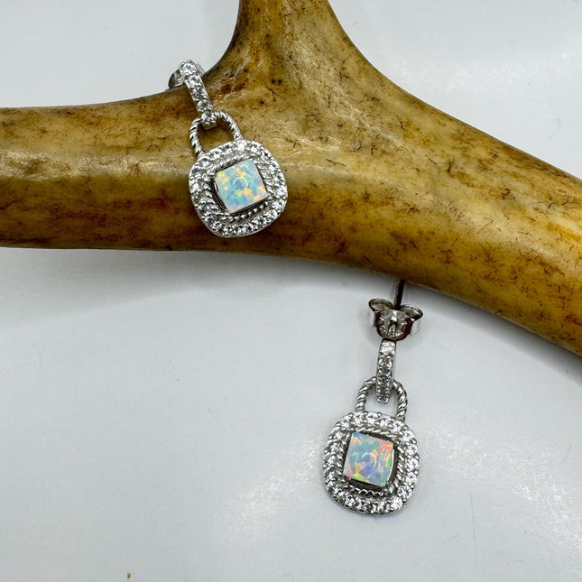 Fire Opal Diamond Deco Earrings - Vintage Sterling Silver Drop Style