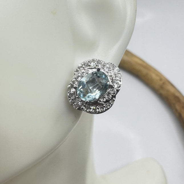 Vintage Aquamarine Sterling Silver Earrings: Sapphire Deco Studs