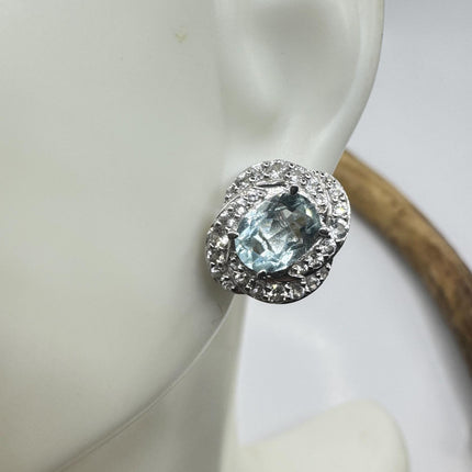 Vintage Aquamarine Sterling Silver Earrings: Sapphire Deco Studs