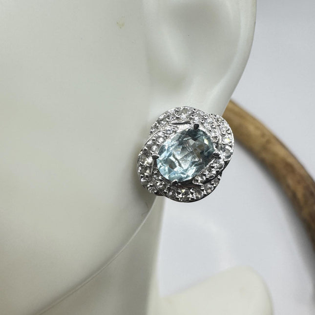 Vintage Aquamarine Sterling Silver Earrings: Sapphire Deco Studs