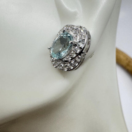 Vintage Aquamarine Sterling Silver Earrings: Sapphire Deco Studs