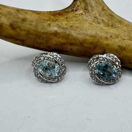 Vintage Aquamarine Sterling Silver Earrings: Sapphire Deco Studs