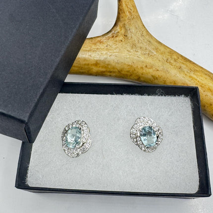 Vintage Aquamarine Sterling Silver Earrings: Sapphire Deco Studs