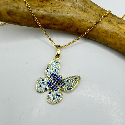 Vintage Blue Topaz Iolite Butterfly Necklace Golden Sterling Silver Minimalist Chain