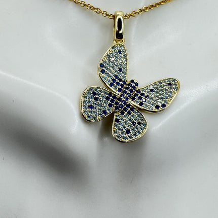 Vintage Blue Topaz Iolite Butterfly Necklace Golden Sterling Silver Minimalist Chain
