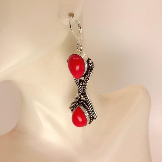 Vintage Red Coral Glass Silver Earrings | 925 sterling Silver Lever Backs
