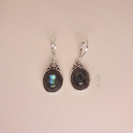 Vintage Labradorite Dangle Earrings Sterling Silver Design Statement Leverbacks