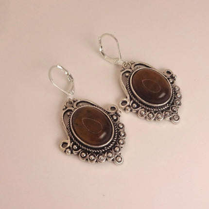 Vintage Tigers Eye Dangle Earrings Sterling Silver Leverbacks