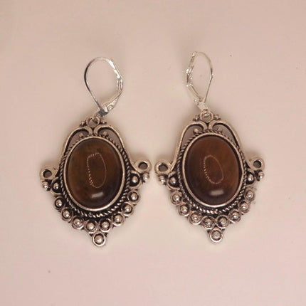 Vintage Tigers Eye Dangle Earrings Sterling Silver Leverbacks