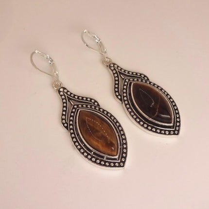Vintage Tigers Eye Dangle Earrings Sterling Silver Leverbacks