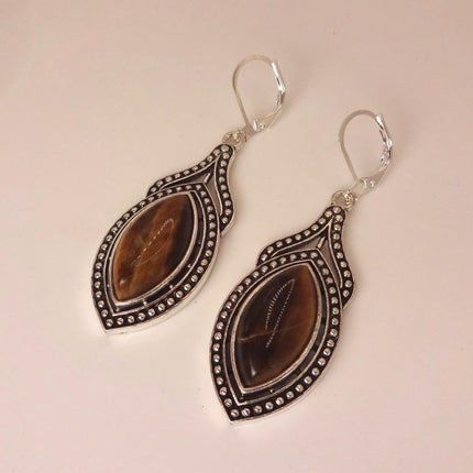 Vintage Tigers Eye Dangle Earrings Sterling Silver Leverbacks