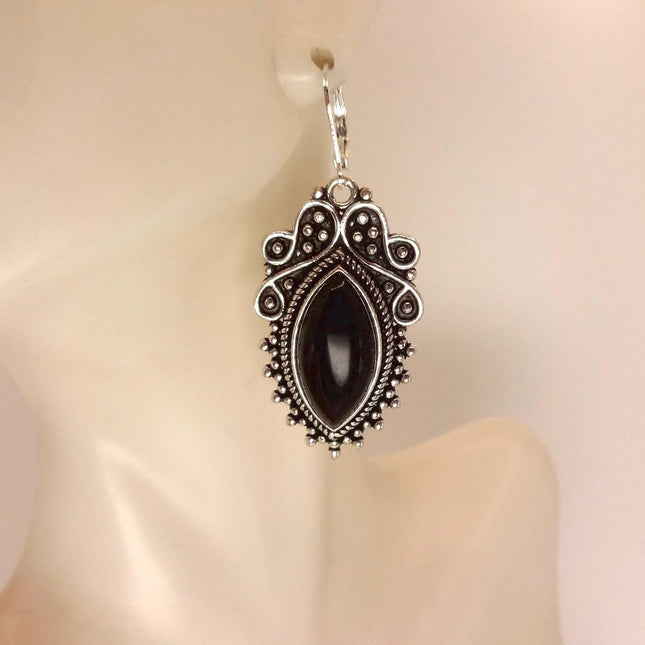 Vintage Black Onyx Dangle Earrings Sterling Silver Leverbacks