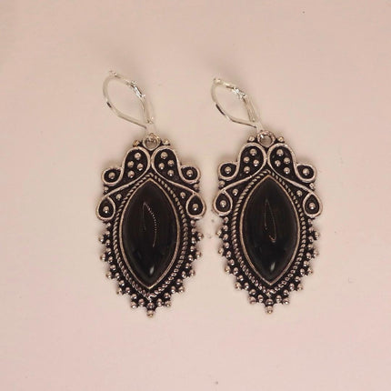 Vintage Black Onyx Dangle Earrings Sterling Silver Leverbacks