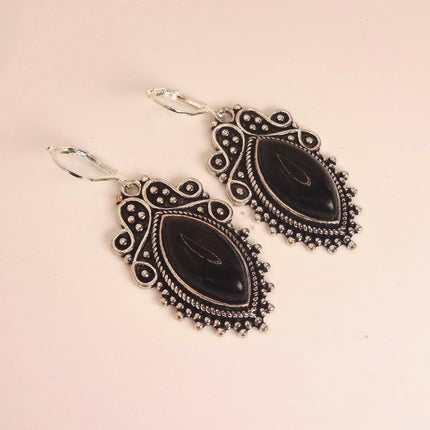 Vintage Black Onyx Dangle Earrings Sterling Silver Leverbacks