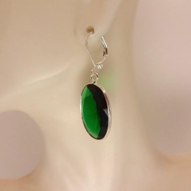 Vintage Green Glass Silver Earrings | 925 sterling Silver Lever Backs