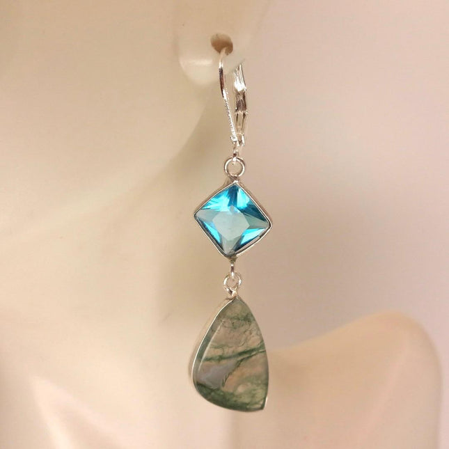 Vintage Aqua Blue Glass Moss Agate Silver Earrings | 925 sterling Silver Lever Backs