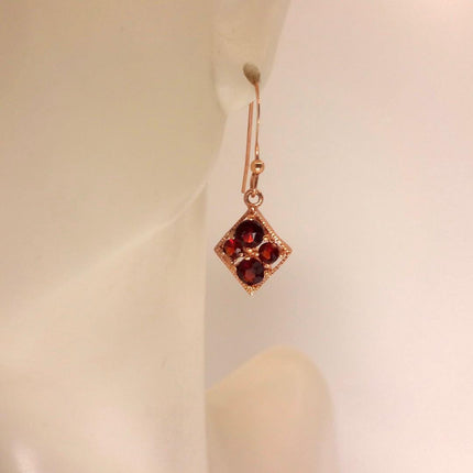 Vintage Garnet Dangle Earrings: Rose Gold 925 Sterling Silver January Birthstone