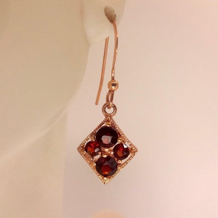 Vintage Garnet Dangle Earrings: Rose Gold 925 Sterling Silver January Birthstone