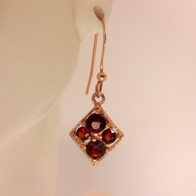 Vintage Garnet Dangle Earrings: Rose Gold 925 Sterling Silver January Birthstone