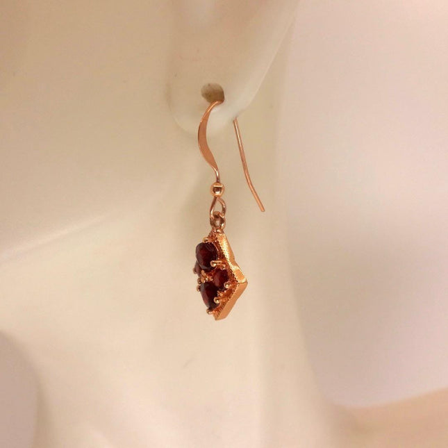 Vintage Garnet Dangle Earrings: Rose Gold 925 Sterling Silver January Birthstone