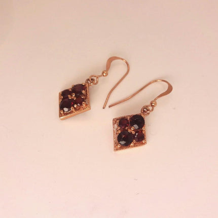Vintage Garnet Dangle Earrings: Rose Gold 925 Sterling Silver January Birthstone
