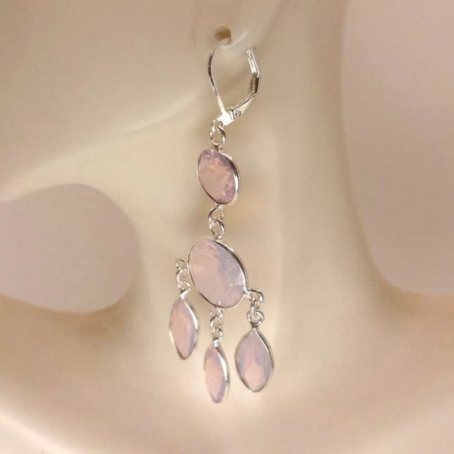 Vintage Pink Rose Quartz Heart Chandelier Drop Gemstone 925 Sterling Silver Earrings