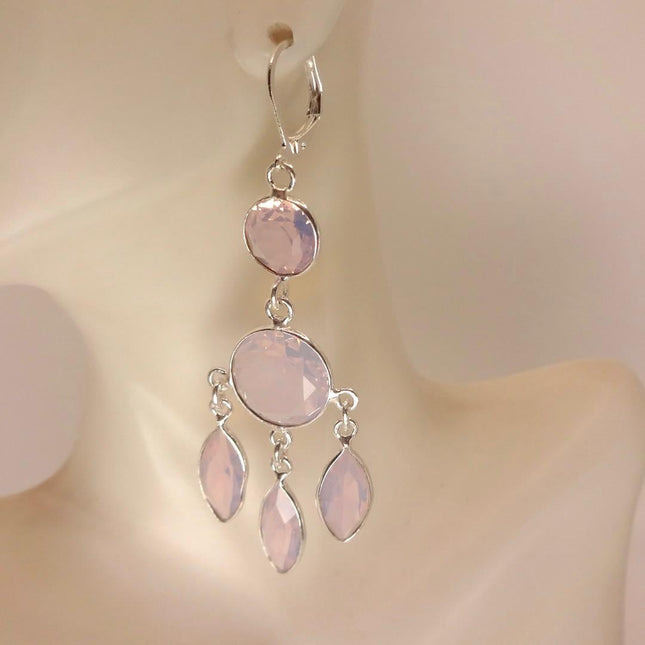 Vintage Pink Rose Quartz Heart Chandelier Drop Gemstone 925 Sterling Silver Earrings