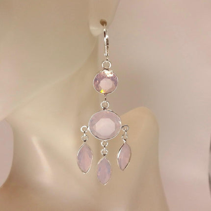 Vintage Pink Rose Quartz Heart Chandelier Drop Gemstone 925 Sterling Silver Earrings