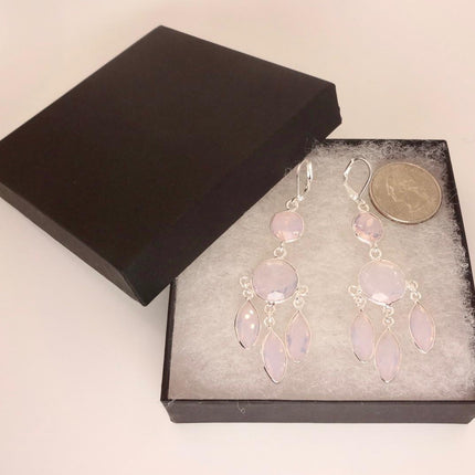 Vintage Pink Rose Quartz Heart Chandelier Drop Gemstone 925 Sterling Silver Earrings