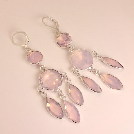 Vintage Pink Rose Quartz Heart Chandelier Drop Gemstone 925 Sterling Silver Earrings