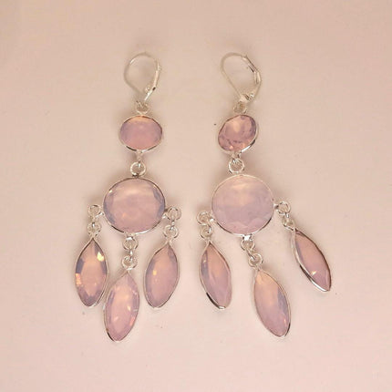 Vintage Pink Rose Quartz Heart Chandelier Drop Gemstone 925 Sterling Silver Earrings