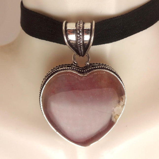 Vintage Agate Heart Choker Necklace - Bronze and Silver Finish Black Velvet Ribbon Design