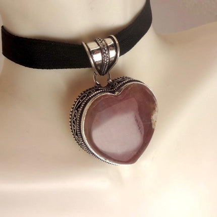 Vintage Agate Heart Choker Necklace - Bronze and Silver Finish Black Velvet Ribbon Design