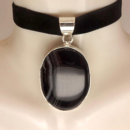 Vintage Black Onyx Pendant Ribbon Choker Necklace Silver Bronze Necklace Statement