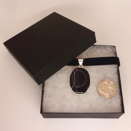 Vintage Black Onyx Pendant Ribbon Choker Necklace Silver Bronze Necklace Statement