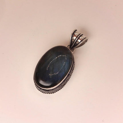 Vintage White Bronze Rainbow Labradorite Black Velvet Choker Pendant Necklace