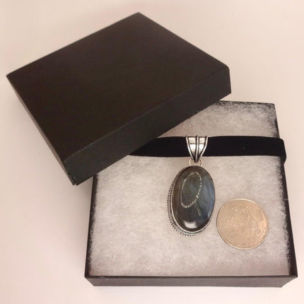 Vintage White Bronze Rainbow Labradorite Black Velvet Choker Pendant Necklace