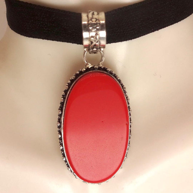 Vintage Red Coral Glass Silver Boho Statement Necklace Black Velvet Choker