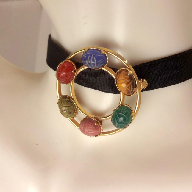 Vintage Scarab Brooch Pin: Tigers Eye, Gold Filled