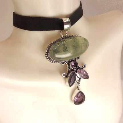 Vintage Green Moss Agate Choker and Amethyst Necklace - Bronze and Silver Finish Black Velvet Ribbon Design