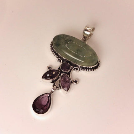 Vintage Green Moss Agate Choker and Amethyst Necklace - Bronze and Silver Finish Black Velvet Ribbon Design