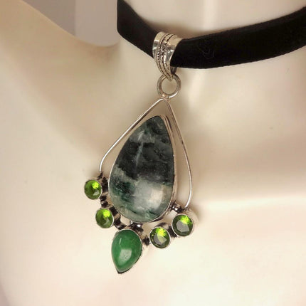 Vintage Green Moss Agate Peridot Choker Necklace - Bronze and Silver Finish Black Velvet Ribbon Design