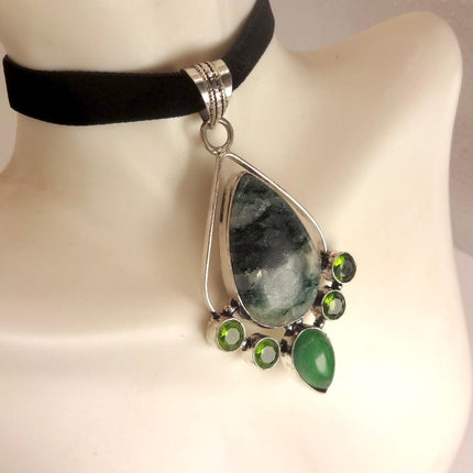 Vintage Green Moss Agate Peridot Choker Necklace - Bronze and Silver Finish Black Velvet Ribbon Design