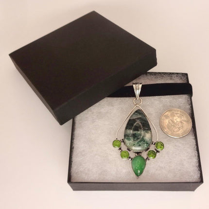 Vintage Green Moss Agate Peridot Choker Necklace - Bronze and Silver Finish Black Velvet Ribbon Design