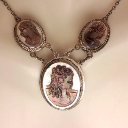 Vintage Abalone Cameo Necklace 925 Sterling Silver
