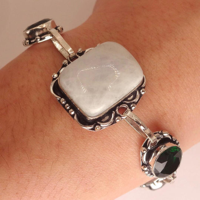 Vintage Rainbow Moonstone Toggle Bracelet Silver Bronze