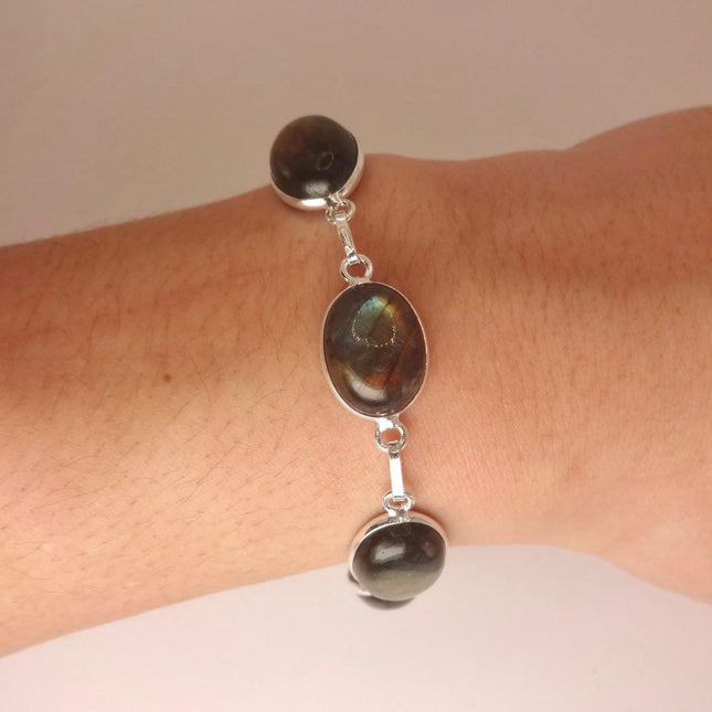 Vintage Rainbow Green Labradorite Toggle Bracelet Silver Bronze