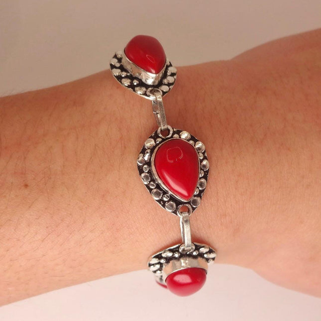 Vintage Red Coral Glass Silver Toggle Bracelet Silver Bronze