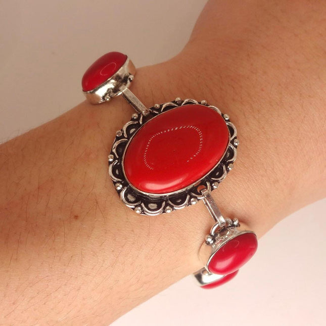Vintage Red Coral Glass Silver Toggle Bracelet Silver Bronze
